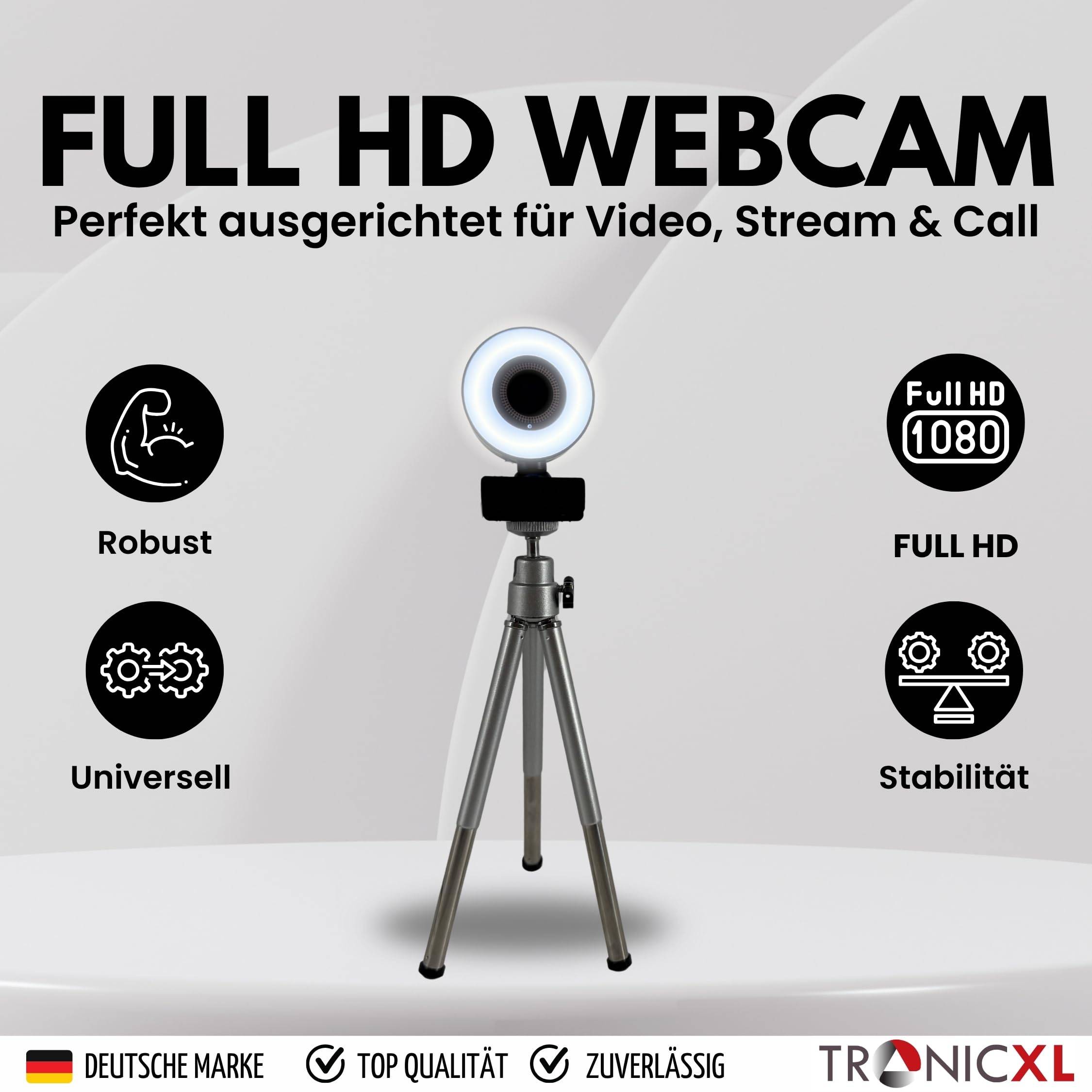 Autofokus Webcam mit Ringlicht Lampe + Stativ Full HD 1920x1080p I 2 Mikrofone Stereo Geräuschunterdrückung Hintergrund I für Computer PC Laptop