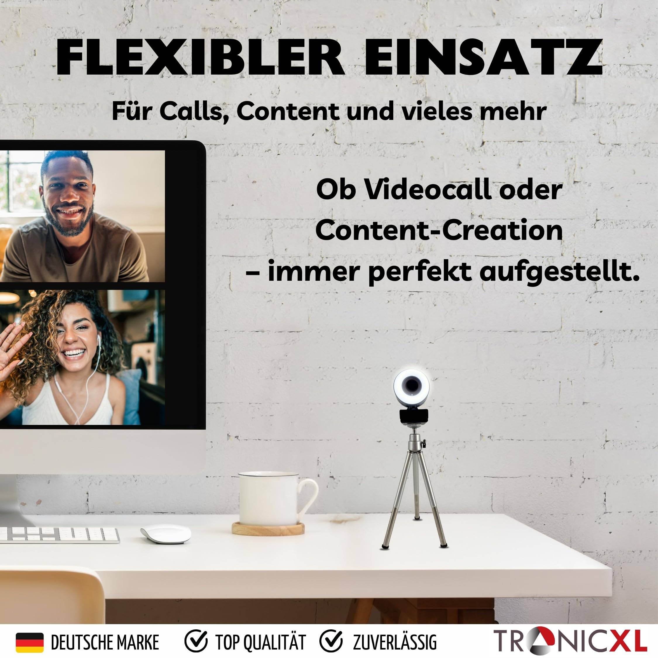 Autofokus Webcam mit Ringlicht Lampe + Stativ Full HD 1920x1080p I 2 Mikrofone Stereo Geräuschunterdrückung Hintergrund I für Computer PC Laptop