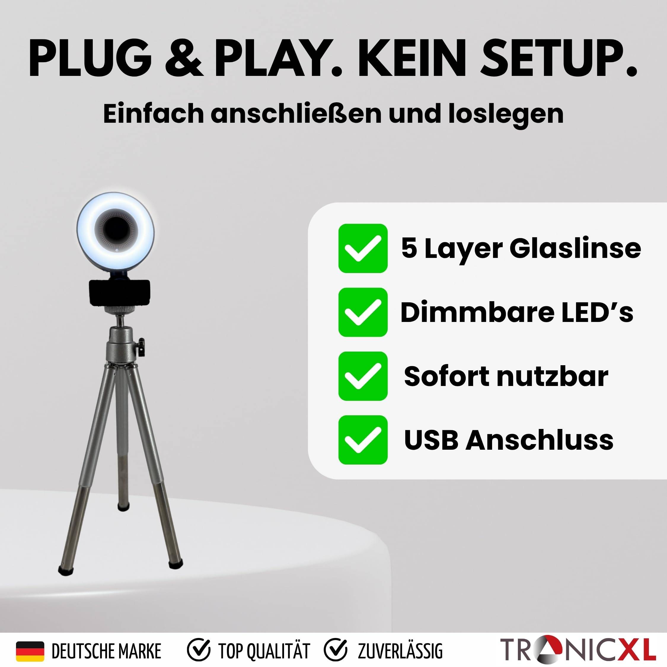 Autofokus Webcam mit Ringlicht Lampe + Stativ Full HD 1920x1080p I 2 Mikrofone Stereo Geräuschunterdrückung Hintergrund I für Computer PC Laptop