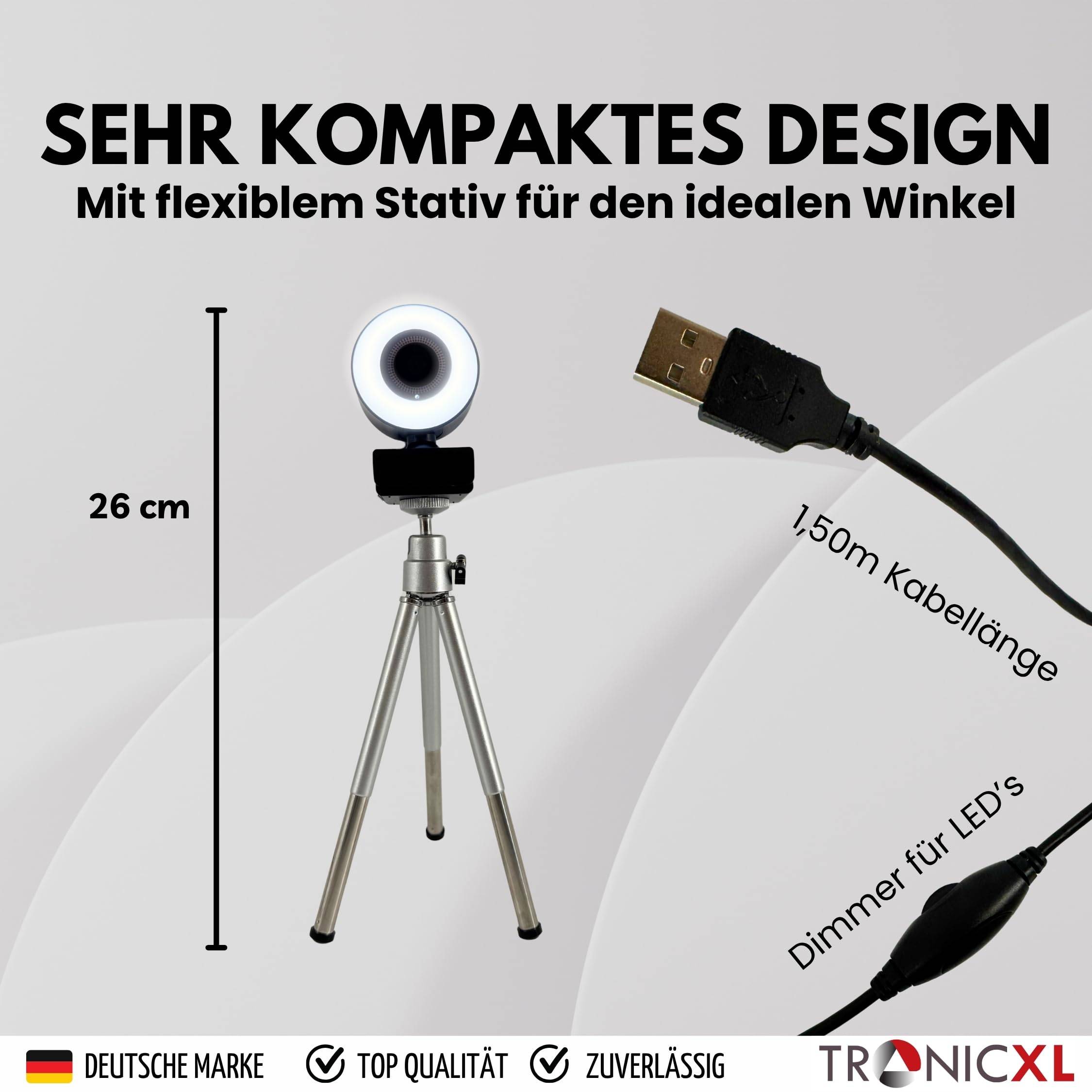 Autofokus Webcam mit Ringlicht Lampe + Stativ Full HD 1920x1080p I 2 Mikrofone Stereo Geräuschunterdrückung Hintergrund I für Computer PC Laptop