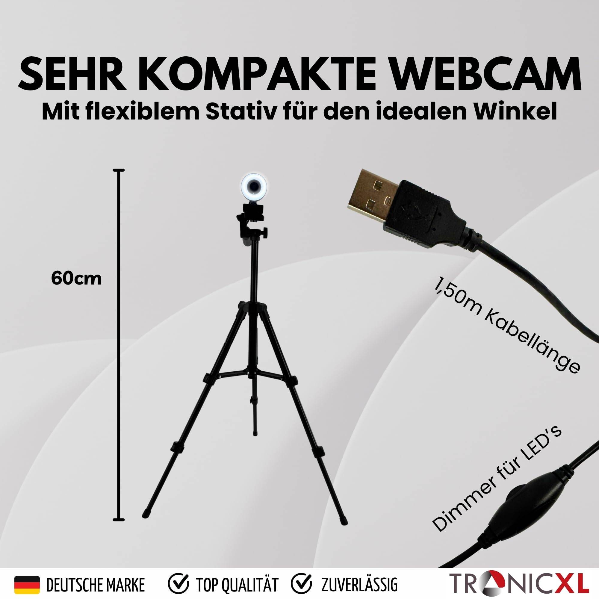 Autofokus Webcam mit Ringlicht Lampe + 60cm Stativ Full HD 1920x1080p I 2 Mikrofone Stereo Geräuschunterdrückung Hintergrund I für Computer PC Lapt