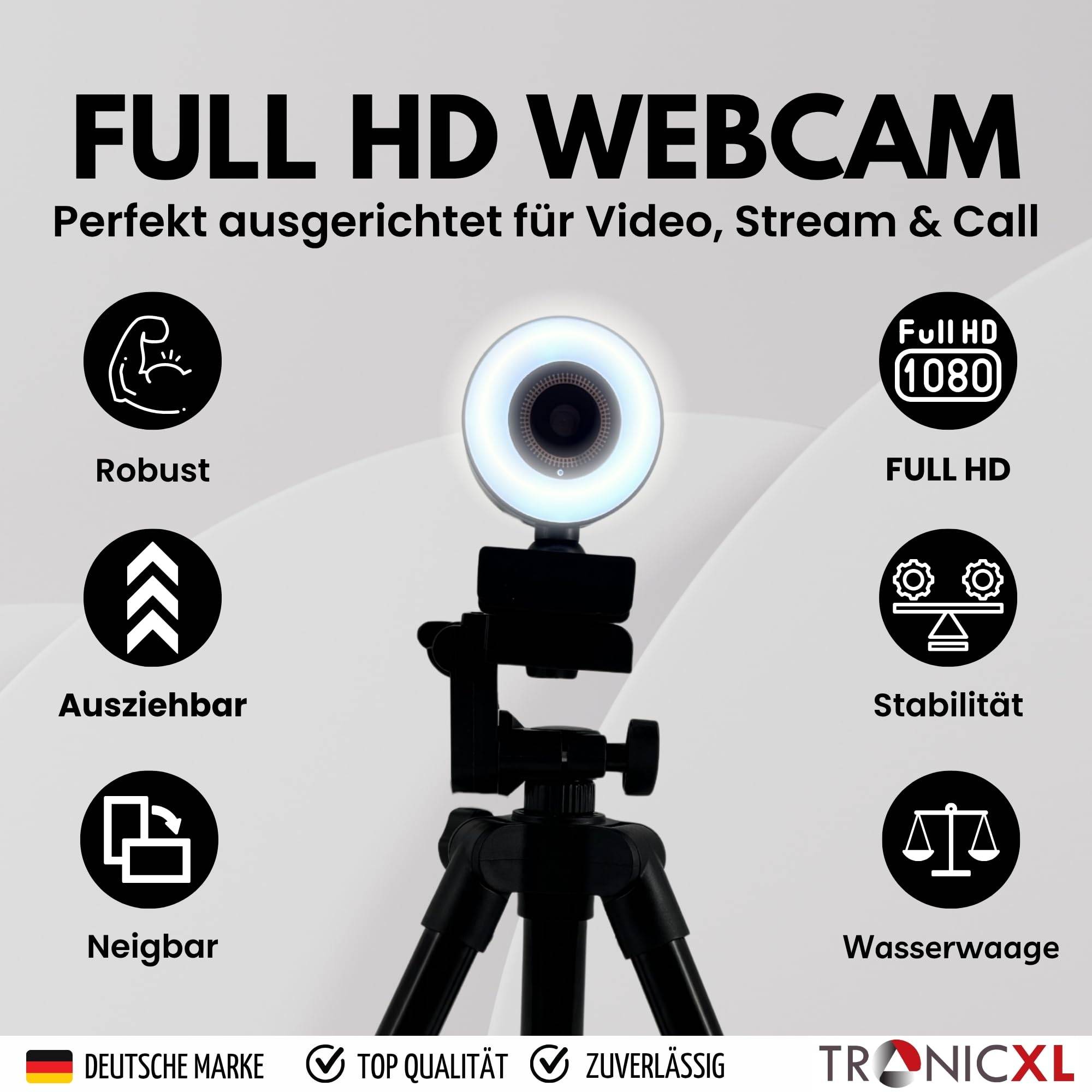 Autofokus Webcam mit Ringlicht Lampe + 60cm Stativ Full HD 1920x1080p I 2 Mikrofone Stereo Geräuschunterdrückung Hintergrund I für Computer PC Lapt