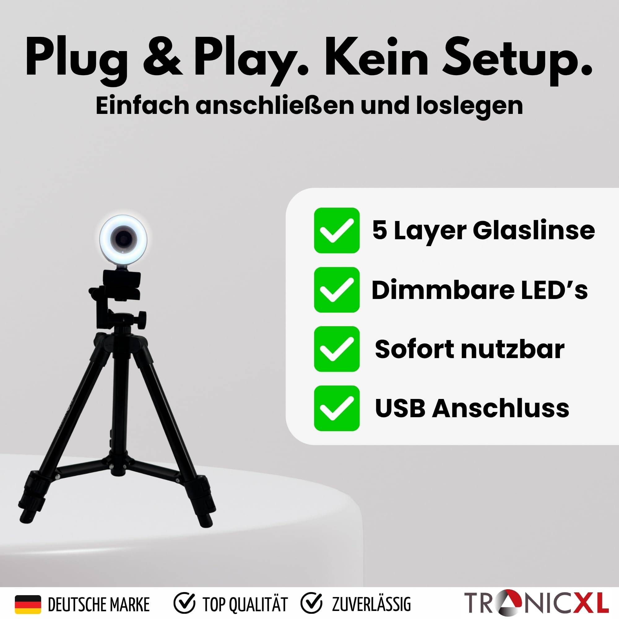 Autofokus Webcam mit Ringlicht Lampe + 60cm Stativ Full HD 1920x1080p I 2 Mikrofone Stereo Geräuschunterdrückung Hintergrund I für Computer PC Lapt
