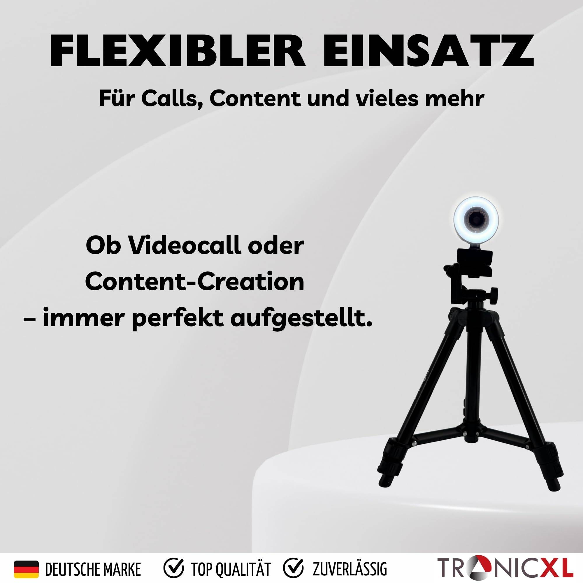 Autofokus Webcam mit Ringlicht Lampe + 60cm Stativ Full HD 1920x1080p I 2 Mikrofone Stereo Geräuschunterdrückung Hintergrund I für Computer PC Lapt