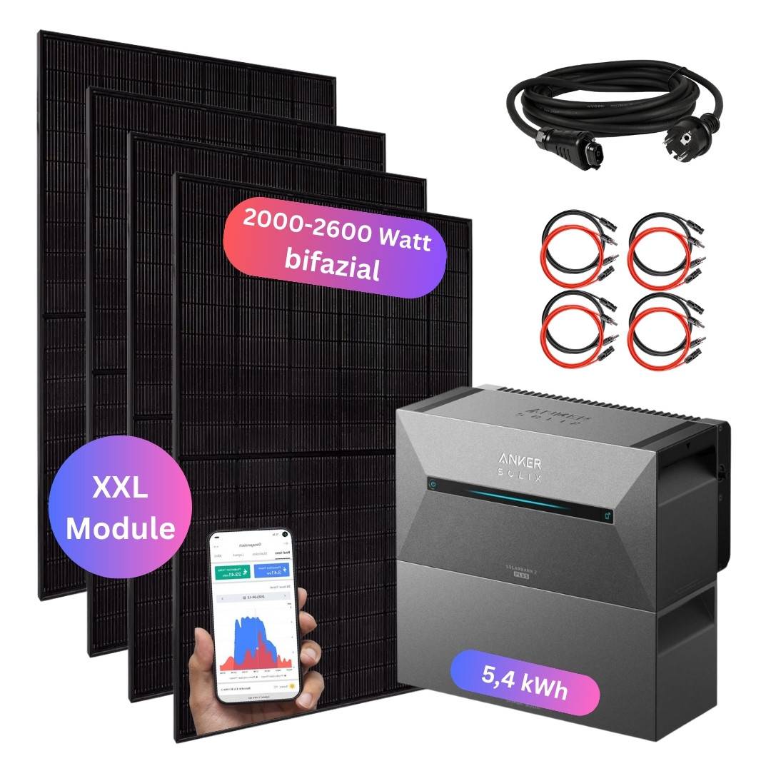 MyVoltaics® Balkonkraftwerk mit Anker Solarbank 3 Speicher & Zusatzakku 5,4 kWh, 2000 Watt bifazial, ohne Aufständerung