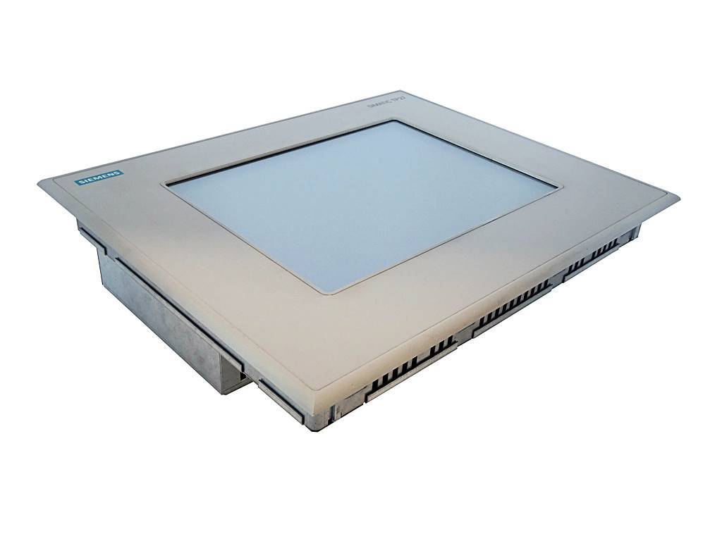 Ein quadratischer industrieller Touchscreen-Panel-Computer mit silberfarbenem Metallrahmen und eingelassenem blauem Display, auf weißem Hintergrund dargestellt.