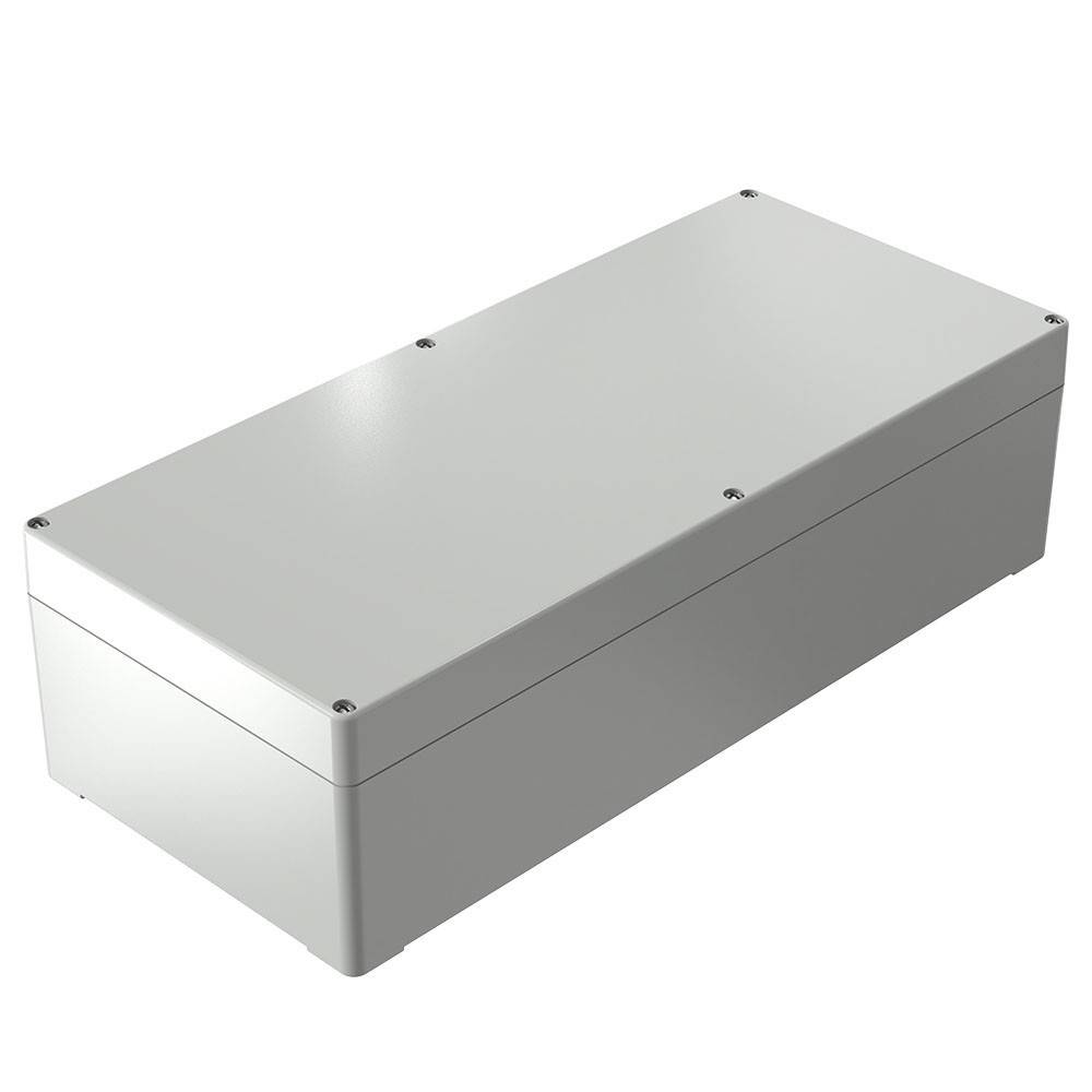 Eine rechteckige Metallummantelung mit sichtbaren Schraubenbolzen an den oberen Ecken, wahrscheinlich zur Unterbringung elektrischer Komponenten verwendet.