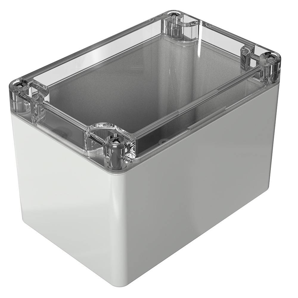 Ein kleines rechteckiges Kunststoffgehäuse mit durchsichtigem Deckel, das häufig zur Unterbringung elektronischer Bauteile verwendet wird.