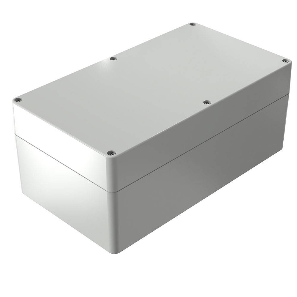 Eine graue rechteckige Metallbox mit Schrauben auf dem Deckel, höchstwahrscheinlich ein elektrischer Verteilerkasten.