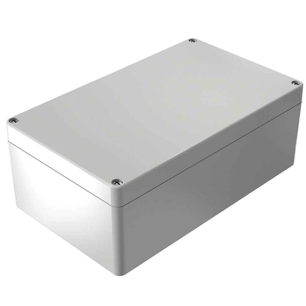 Eine rechteckige graue Metallummantelung, mit vier Eckenschrauben befestigt, wahrscheinlich zur Aufnahme elektronischer Komponenten verwendet.