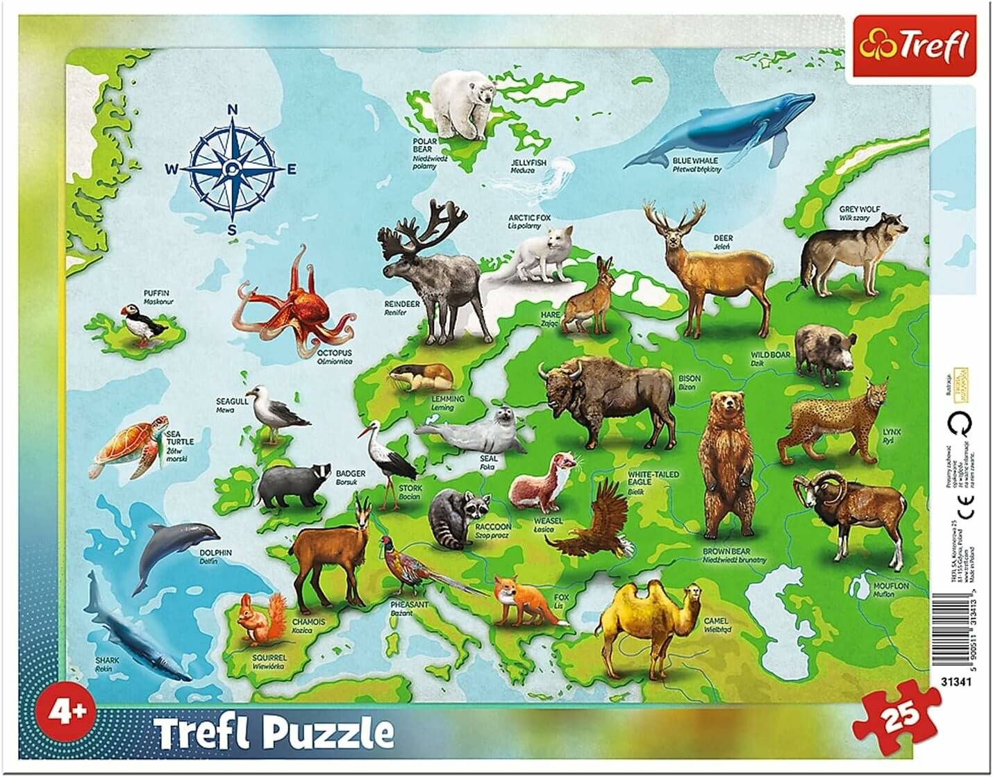 TREFL Puzzle Karte von Europa mit Tieren 25 Teile