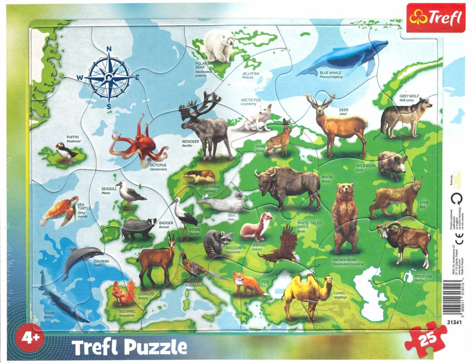 TREFL Puzzle Karte von Europa mit Tieren 25 Teile