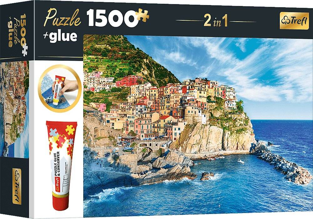 TREFL 2in1 Puzzleset Manarola, Ligurien, Italien 1500 Teile mit Kleber