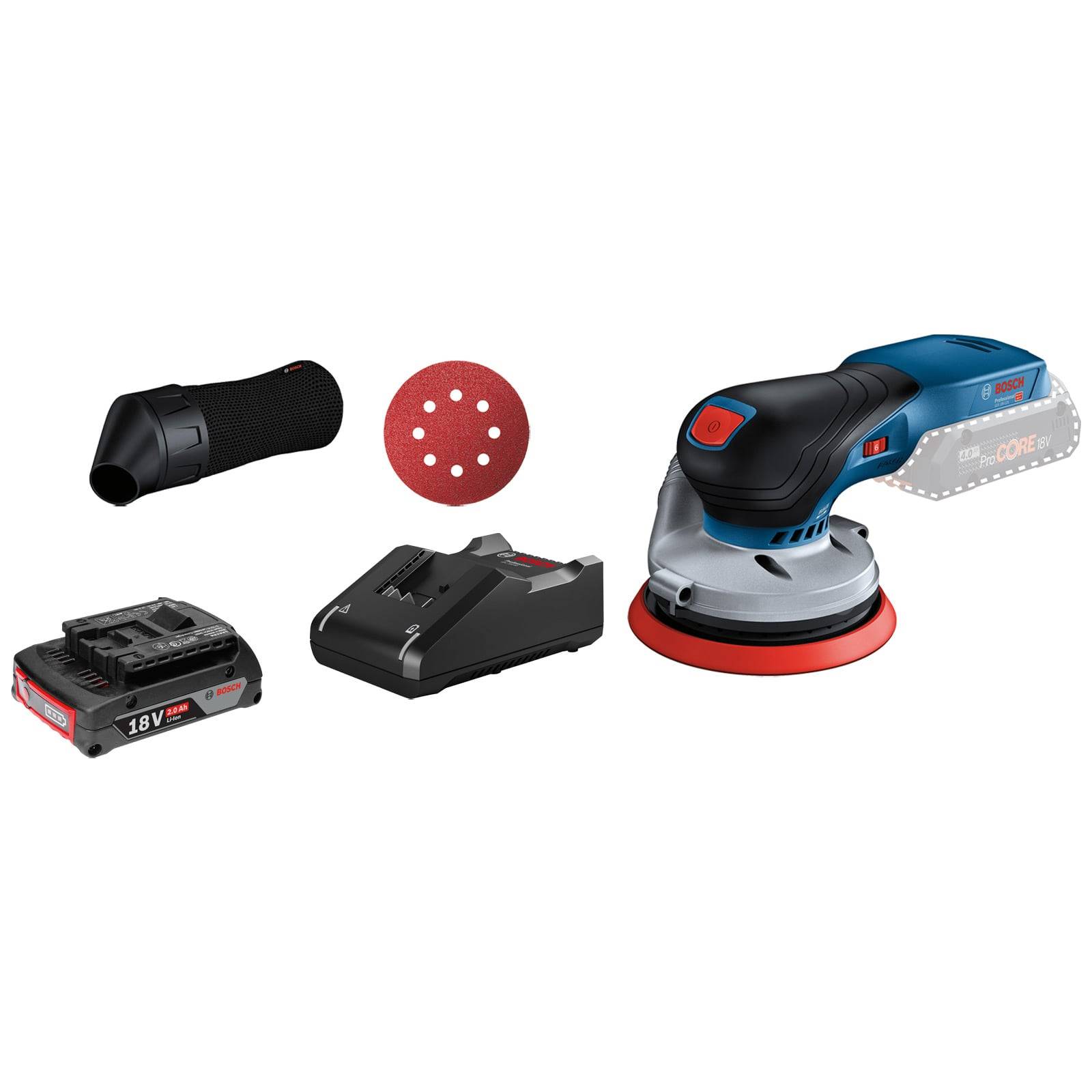 Akku-Exzenterschleifer-Set mit einer roten Schleifscheibe, Staubabsaugsystem, Akku und Ladegerät. Geeignet für Holzbearbeitungsaufgaben.