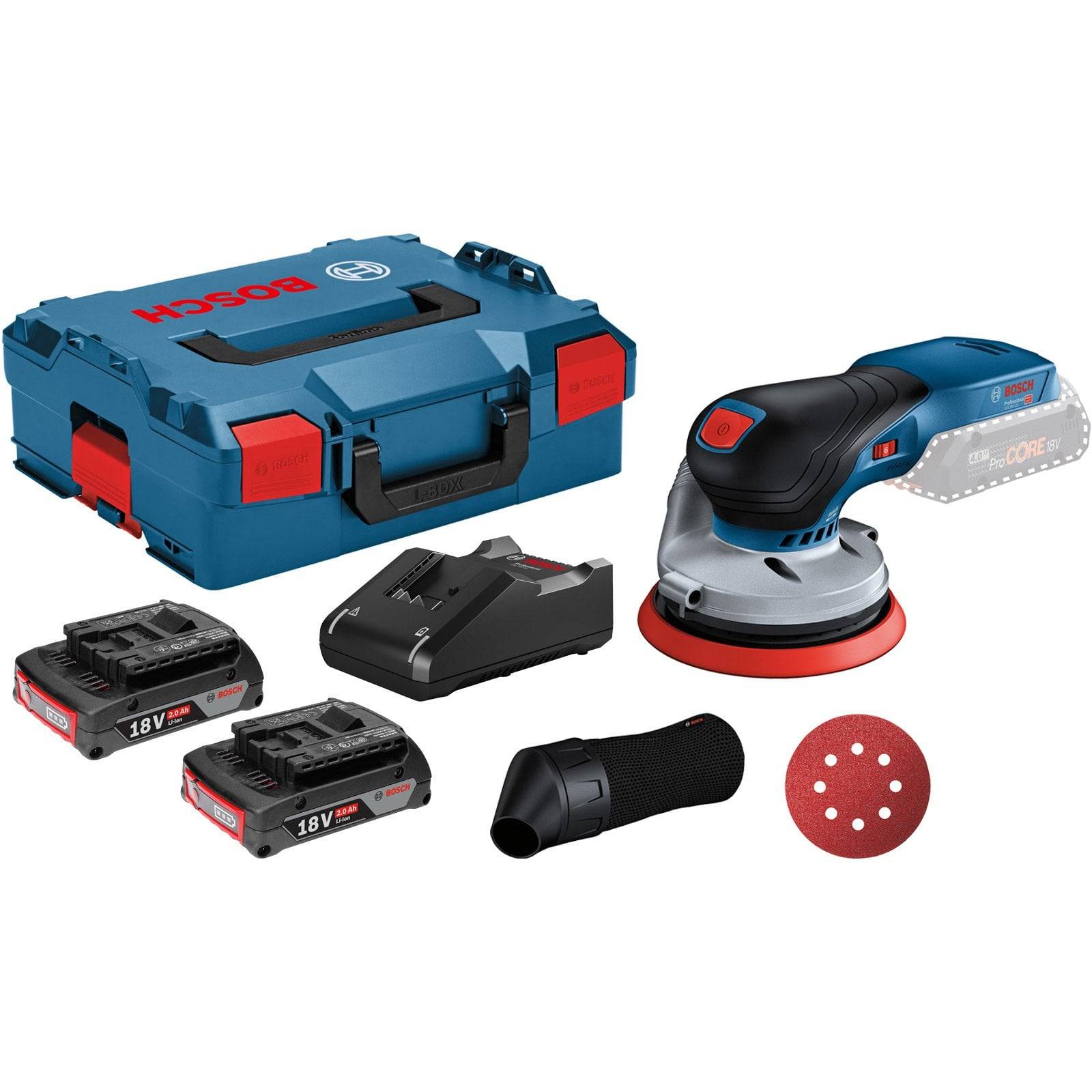 Ein Bosch Akku-Schleifer-Set mit zwei 18V-Akkus, einem Ladegerät, einem Transportkoffer und einer Schleifscheibe, geeignet für Holzbearbeitungsaufgaben.