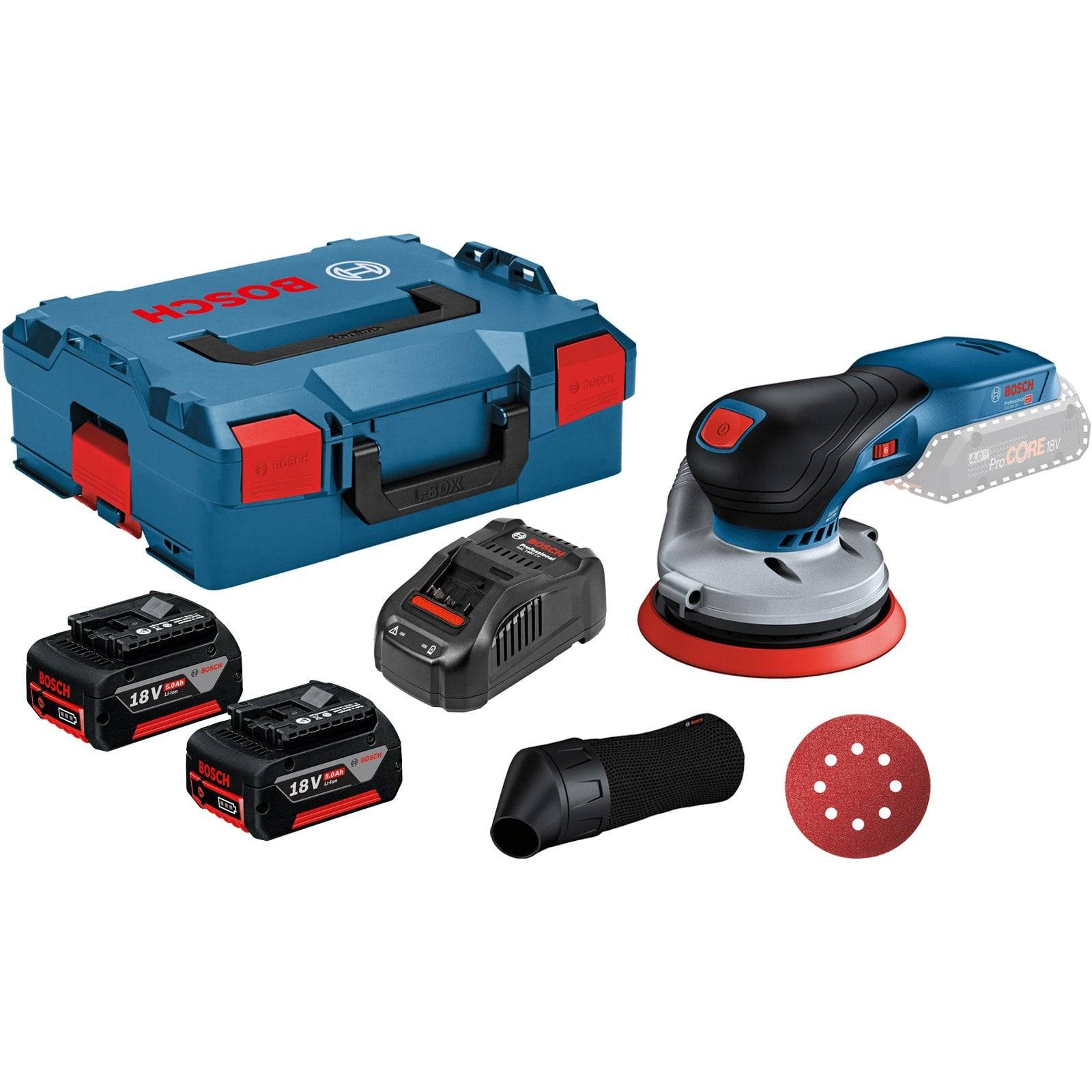 Ein kabellose Bosch Exzenterschleifer-Set mit zwei 18V-Akkus, Ladegerät, Transportkoffer, Staubsammler und Schleifscheibe.