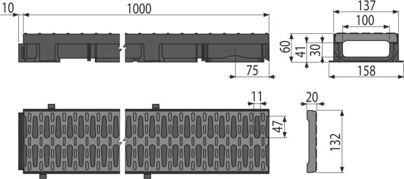 Alcadrain Entwässerungsrinne 60 mm mit Kunststoffrand und Rost aus Kunststoff C-Profil A15