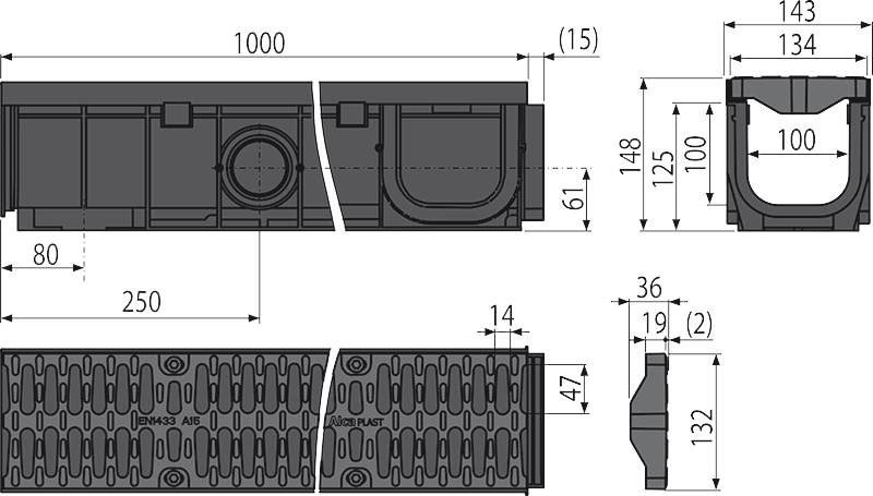 Alcadrain Entwässerungsrinne 100 mm mit Kunststoffrand und Rost aus Kunststoff C-Profil A15