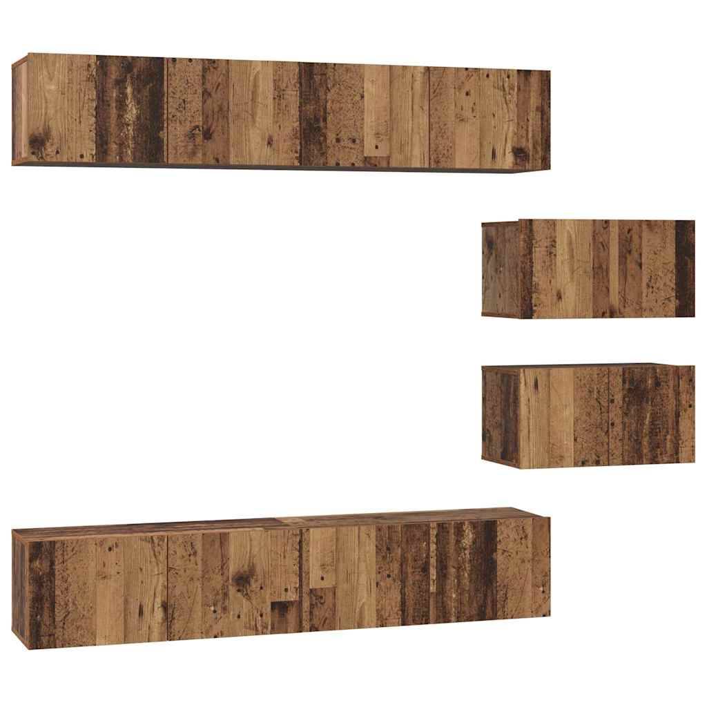 Wandmontierte Holzregalset in rustikaler Brauntönung, bestehend aus einer langen horizontalen Ablage und vier kleineren rechteckigen Regalen, die vertikal angeordnet sind.