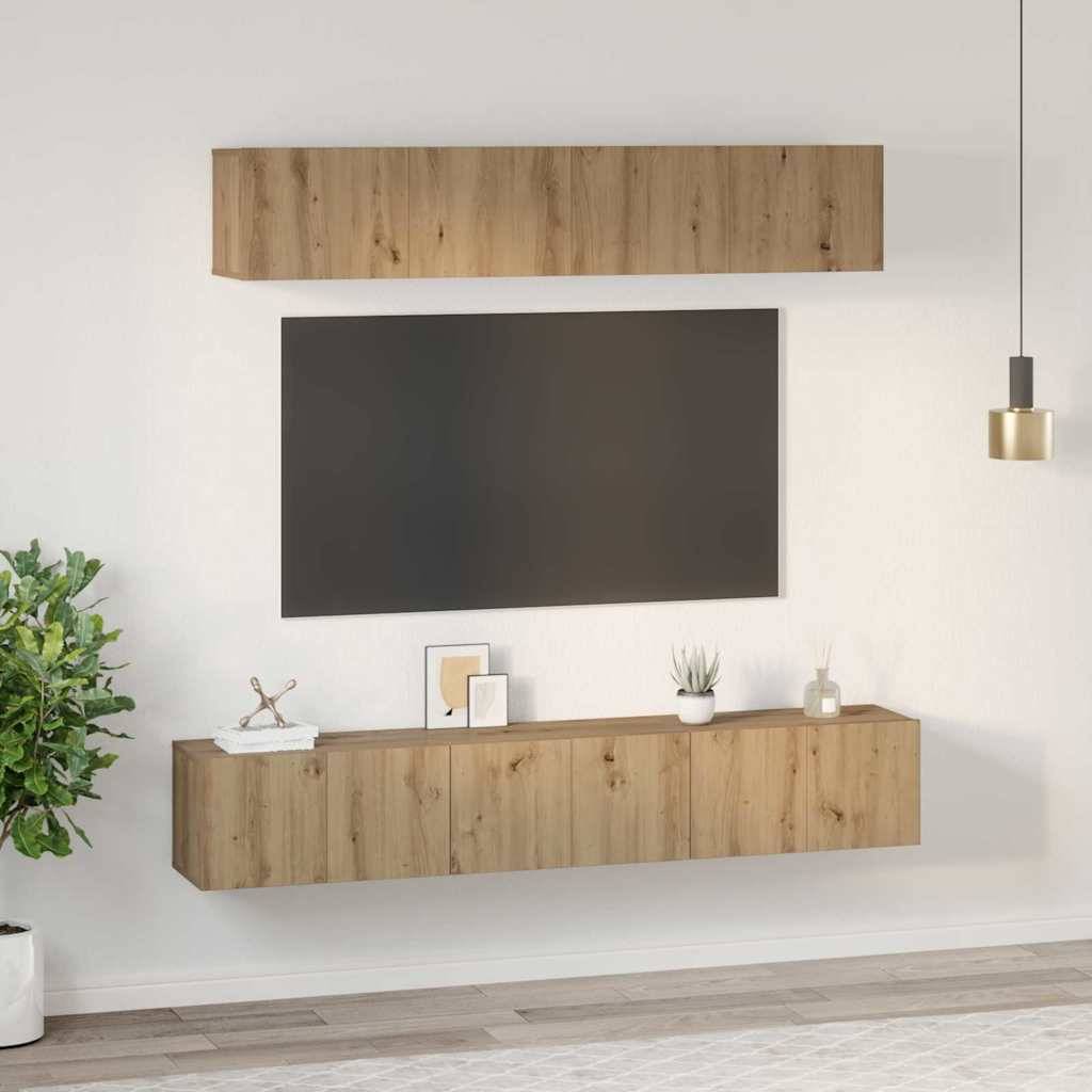 Holz-Wandregale, die an einer weißen Wand schweben, mit einem gerahmten Bild und kleinen Dekorationselementen; modernes, minimalistisches Design.