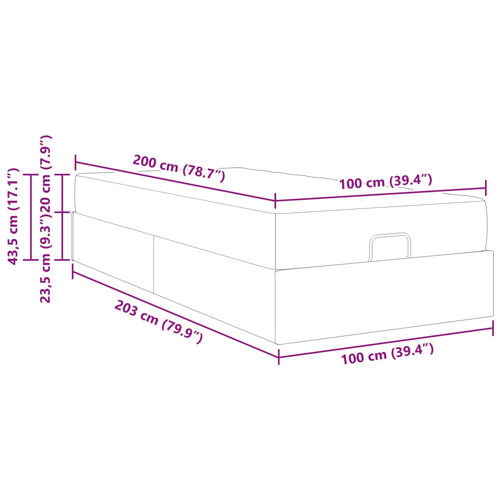 Diagramm zur Darstellung der Abmessungen eines Kastens: Länge 203 cm (79,9''), Breite 100 cm (39,4''), Höhe 43,5 cm (17,1'').