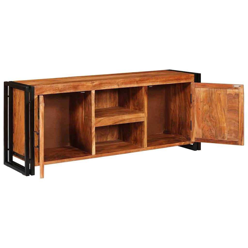 Ein Holzsideboard mit einer offenen Schranktür, das drei Fächer und einen eleganten schwarzen Metallrahmen zeigt und Stauraum bietet.