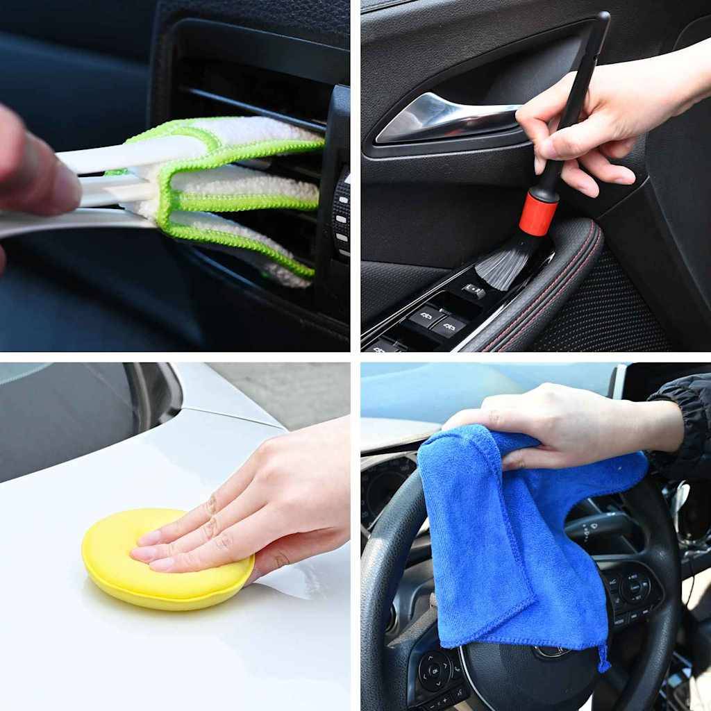 Vier Bilder, die Autopflegemethoden zeigen: Bürsten einer Lüftungsöffnung, Abstauben eines Griffs, Polieren mit einem Pad und Wischen eines Rads mit einem Tuch.