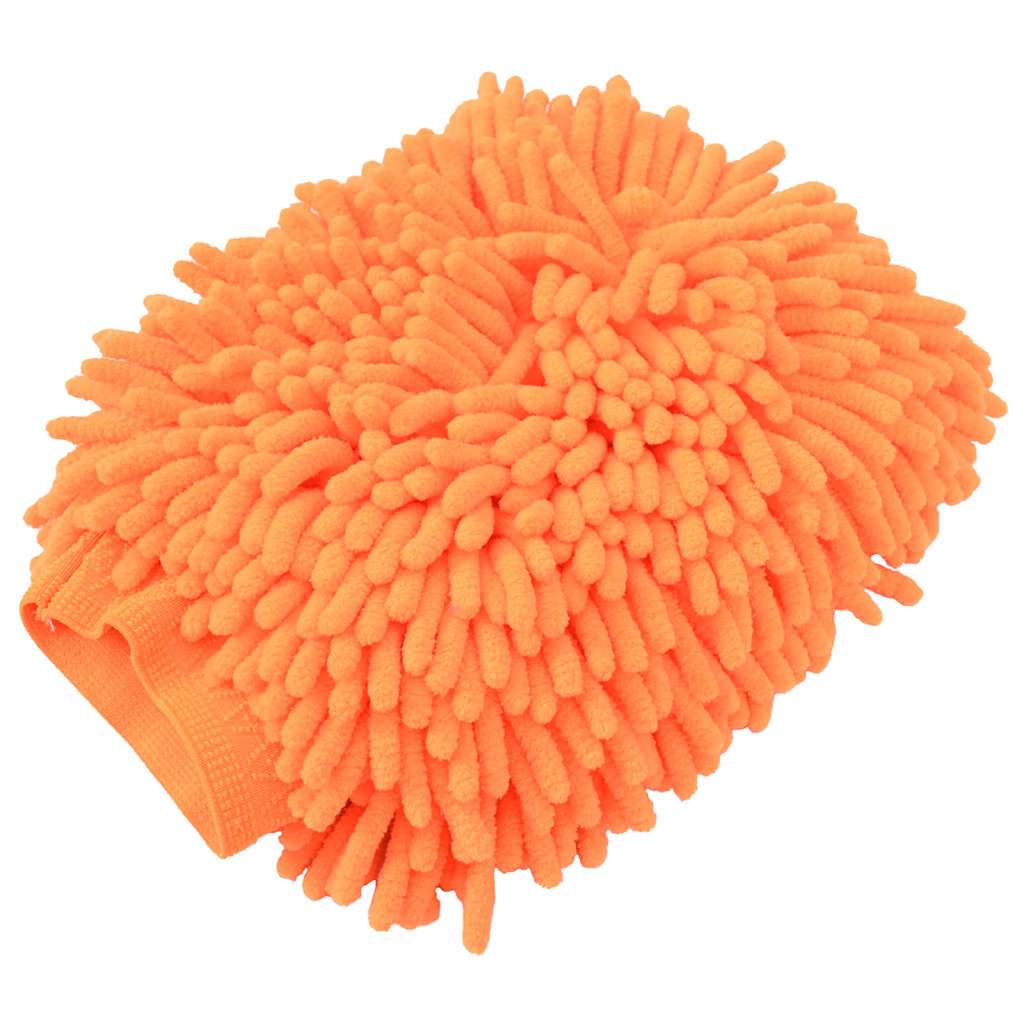 Ein orangefarbener Mikrofaser-Chenille-Autowaschhandschuh, der zur sanften Reinigung von Fahrzeugoberflächen entwickelt wurde.