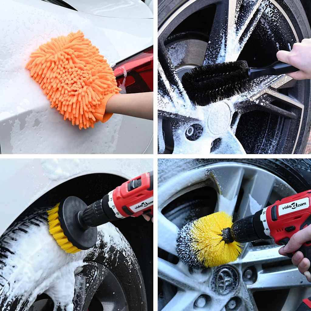 Eine Collage aus vier Bildern, die ein Auto beim Reinigen zeigen: ein orangefarbener Handschuh, der den Autolack abwischt, Bürsten, die die Reifen und Felgen reinigen.