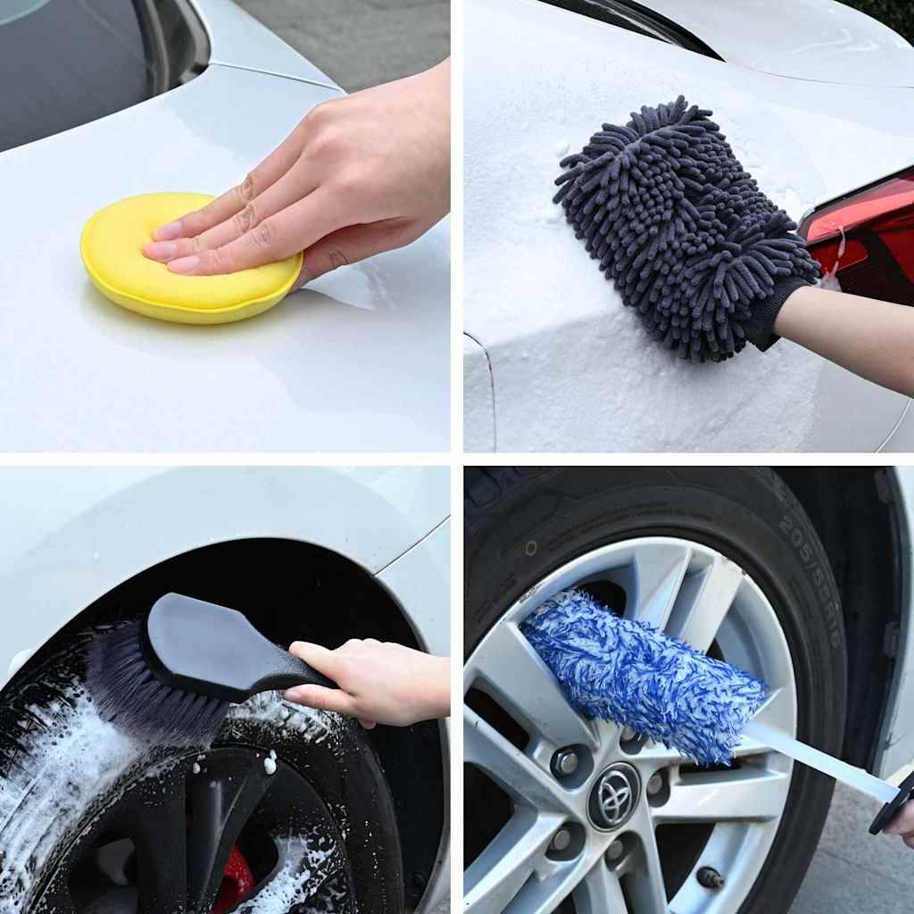 Bildcollage von Autopflegewerkzeugen im Einsatz: Hand mit gelber Pad an der Außenseite, blauer Handschuh an der Seite, schwarze Bürste am Rad, blaue Bürste am Reifen.