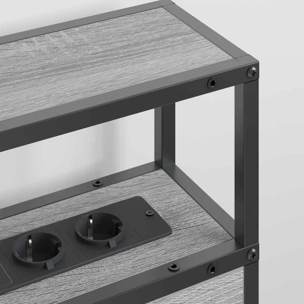 Ein Metall- und Holzregal mit integrierten Elektrosteckdosen in der zweiten Ebene, die sowohl Stauraum als auch Stromzugang bieten.