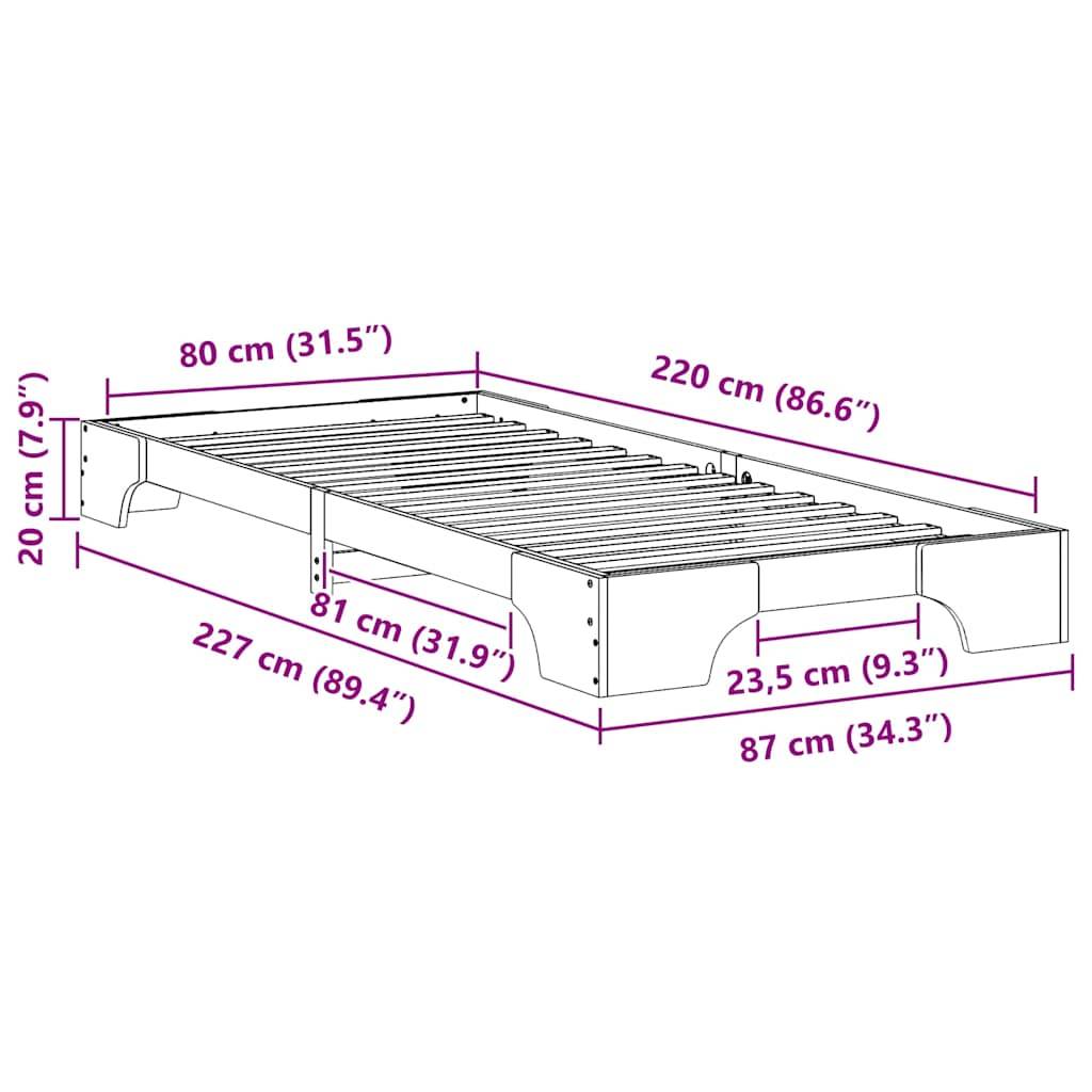 vidaXL Bettrahmen Weiß 80 x 220 cm Massives Kiefernholz