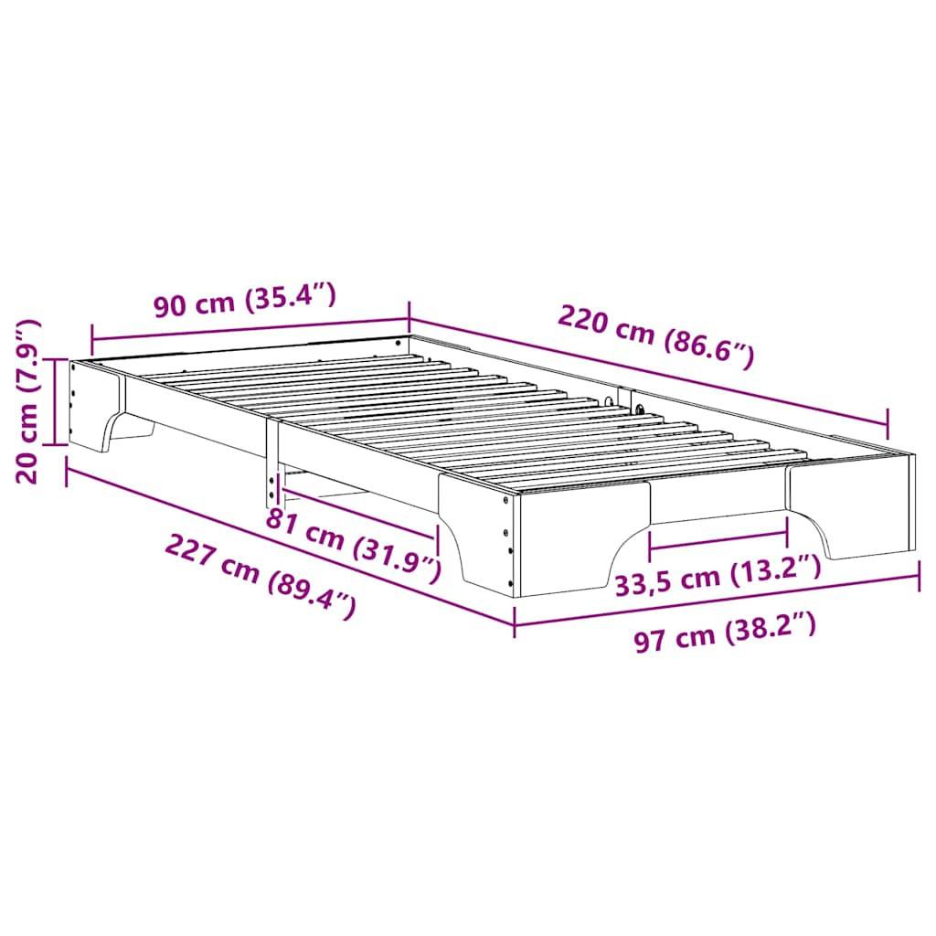 vidaXL Bettrahmen Braun 90 x 220 cm Massives Kiefernholz