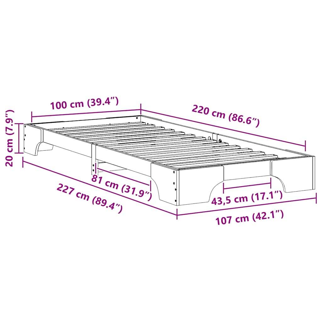 vidaXL Bettrahmen Braun 100 x 220 cm Massives Kiefernholz