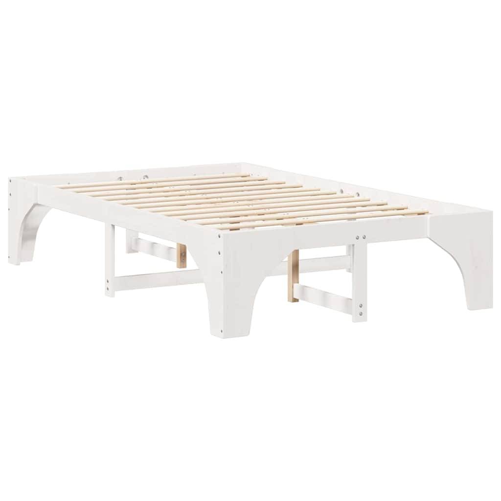 Ein weißer Holzbettrahmen mit minimalistischem Design, ausgestattet mit einer Lattenrost-Basis und stabilen Beinen.