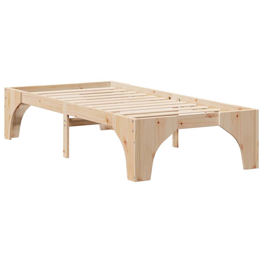 Ein schlichter Holzbettrahmen mit natürlicher Oberfläche, der ein minimalistisches Design und eine Latten-Unterkonstruktion aufweist und darauf ausgelegt ist, eine Matratze zu tragen.