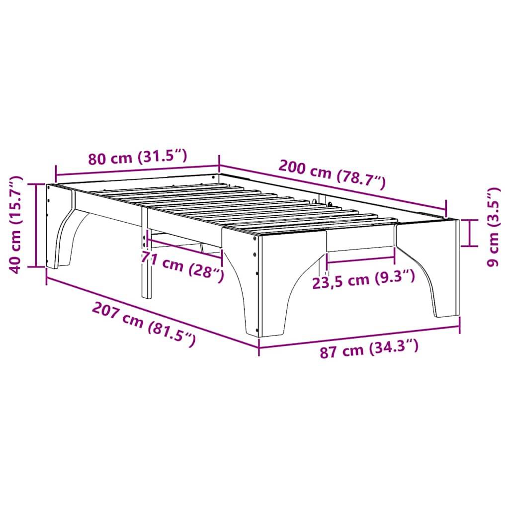 vidaXL Bettrahmen Braun 80 x 200 cm Massives Kiefernholz