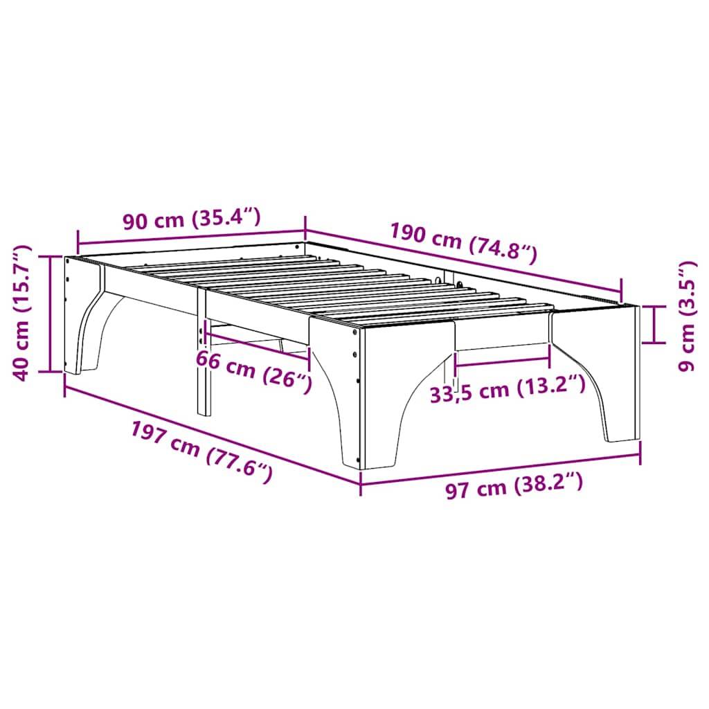 vidaXL Bettrahmen Braun 90 x 190 cm Massives Kiefernholz