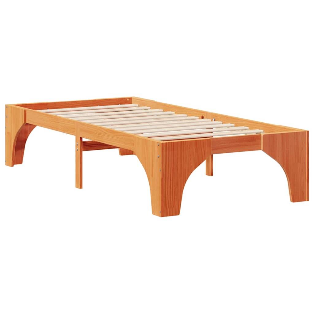 Ein Holzbettgestell mit Lattenrost, gekennzeichnet durch ein minimalistisches Design mit geschwungenen Beinstützen und einer natürlichen Holzoberfläche.