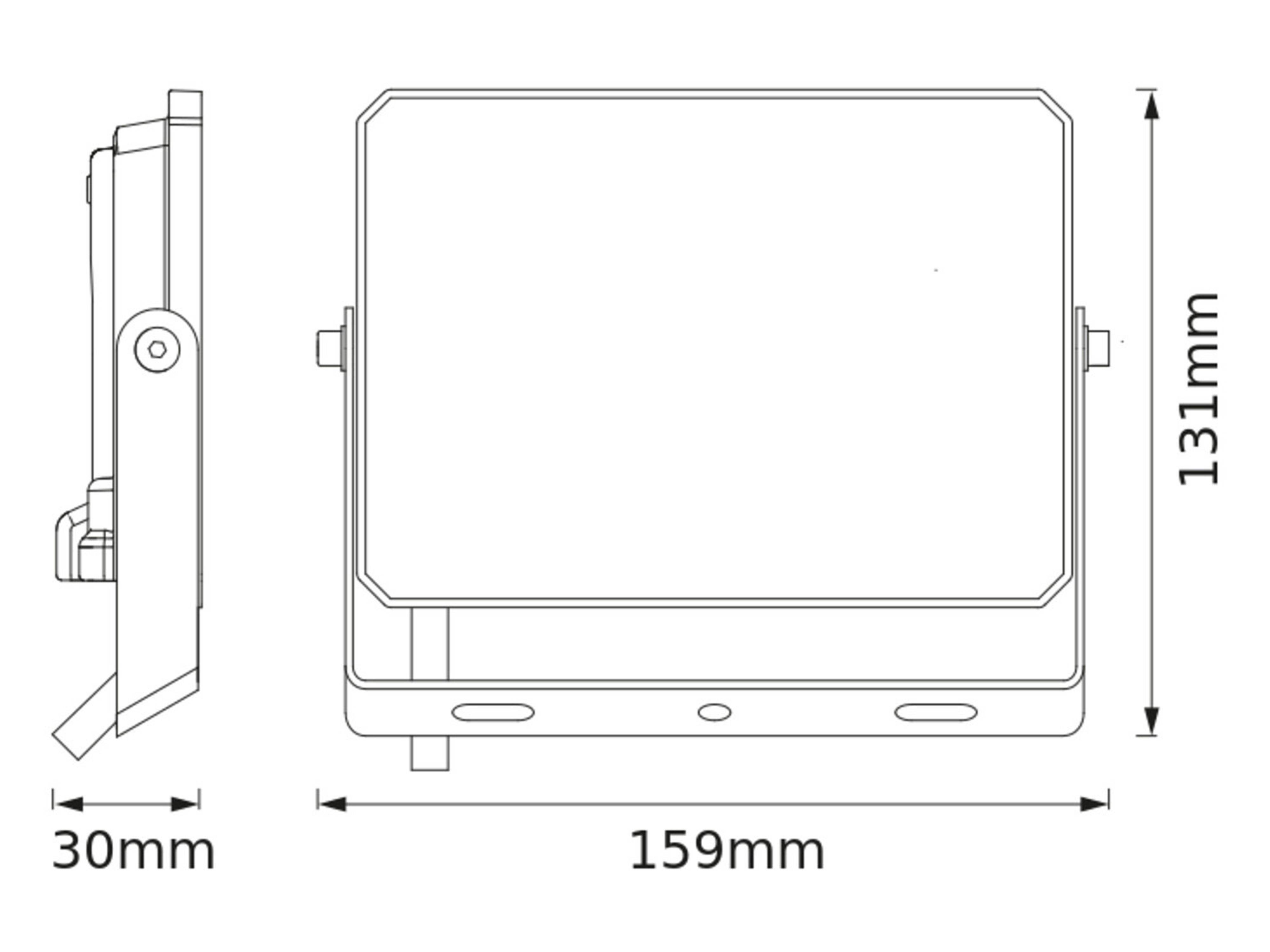 Technische Zeichnung einer rechteckigen Leuchte oder eines Anzeigefeldes, dargestellt in Vorder- und Seitenansicht, mit den Abmessungen 159 mm Breite, 131 mm Höhe und 30 mm Tiefe.