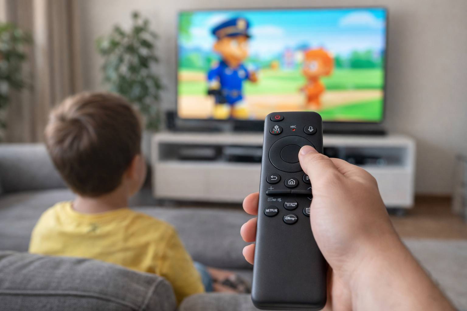 Eine Person hält eine Fernbedienung in der Hand, während ein Kind eine Animationsserie mit einem Polizeibeamten und einer Figur auf dem Bildschirm anschaut.