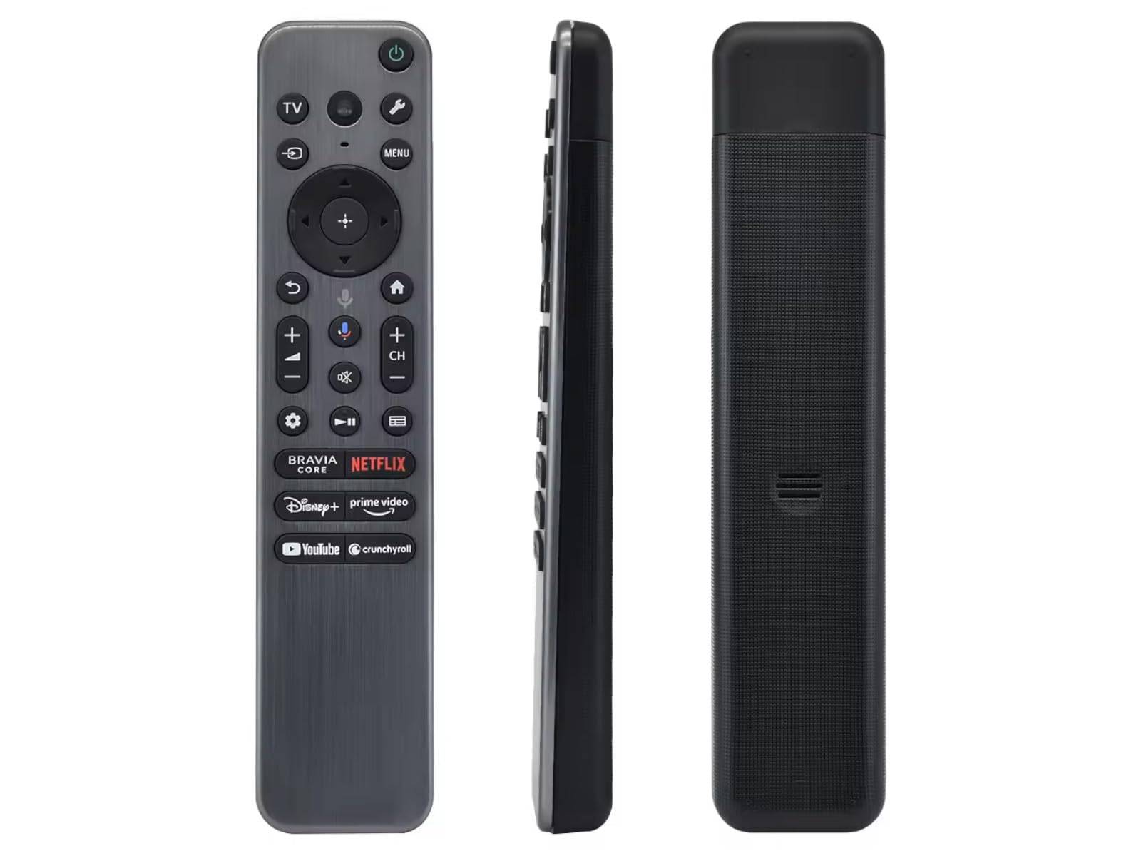 Ein schwarzes TV-Fernsehen-Fernbedienung mit Streaming-Service-Tasten wie Netflix, Disney+, YouTube und anderen. Vorder- und Seitenansichten werden gezeigt.