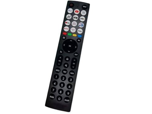 Eine schwarze Fernbedienung für den Fernseher mit verschiedenen Tasten, darunter Netzschalter, Lautstärkeregler und Schnelltasten für Streaming-Dienste wie Netflix und YouTube.