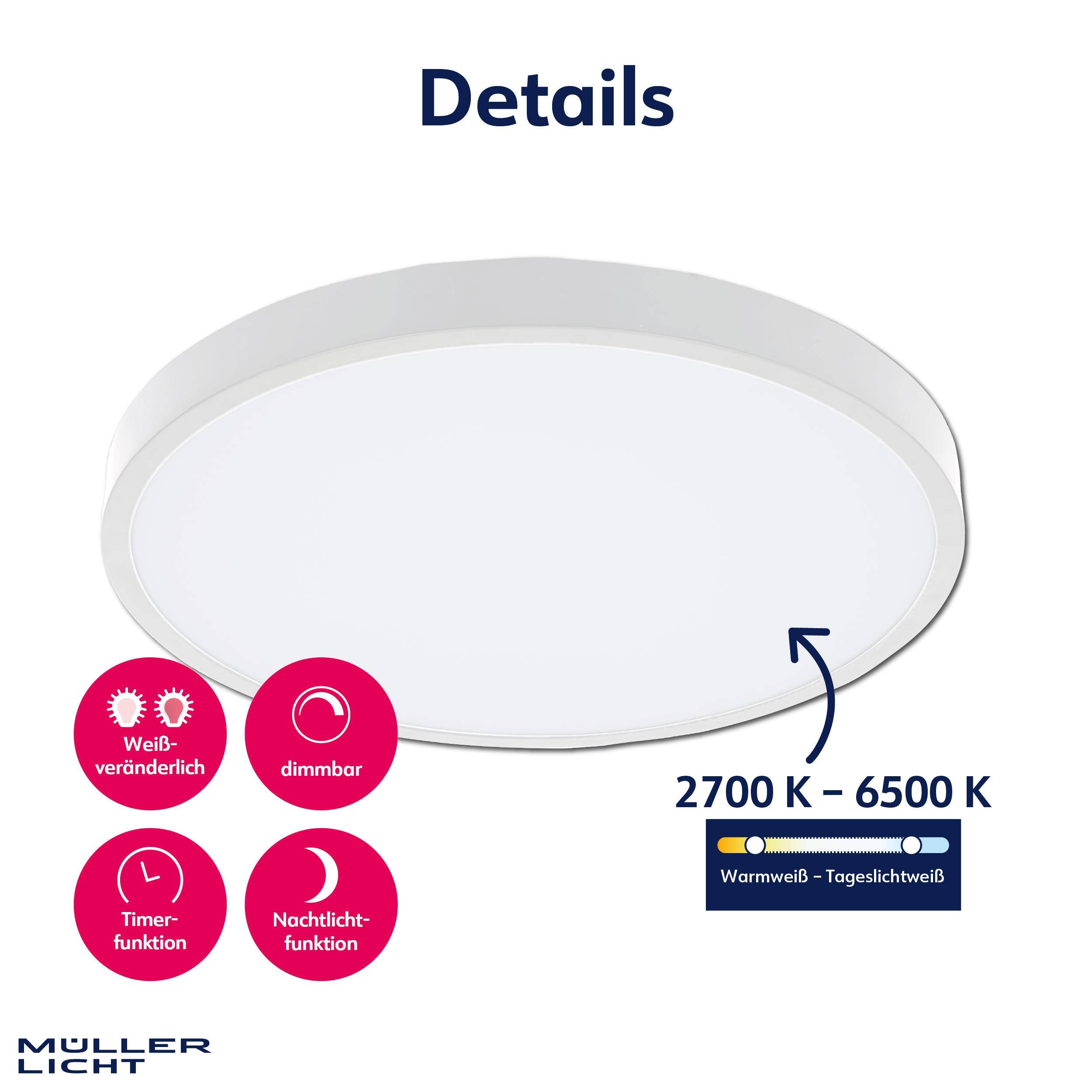 MÜLLER-LICHT LED-Deckenleuchte Rami 36 white, 24W, 2500lm, 2700-6500K, IP20, CCT