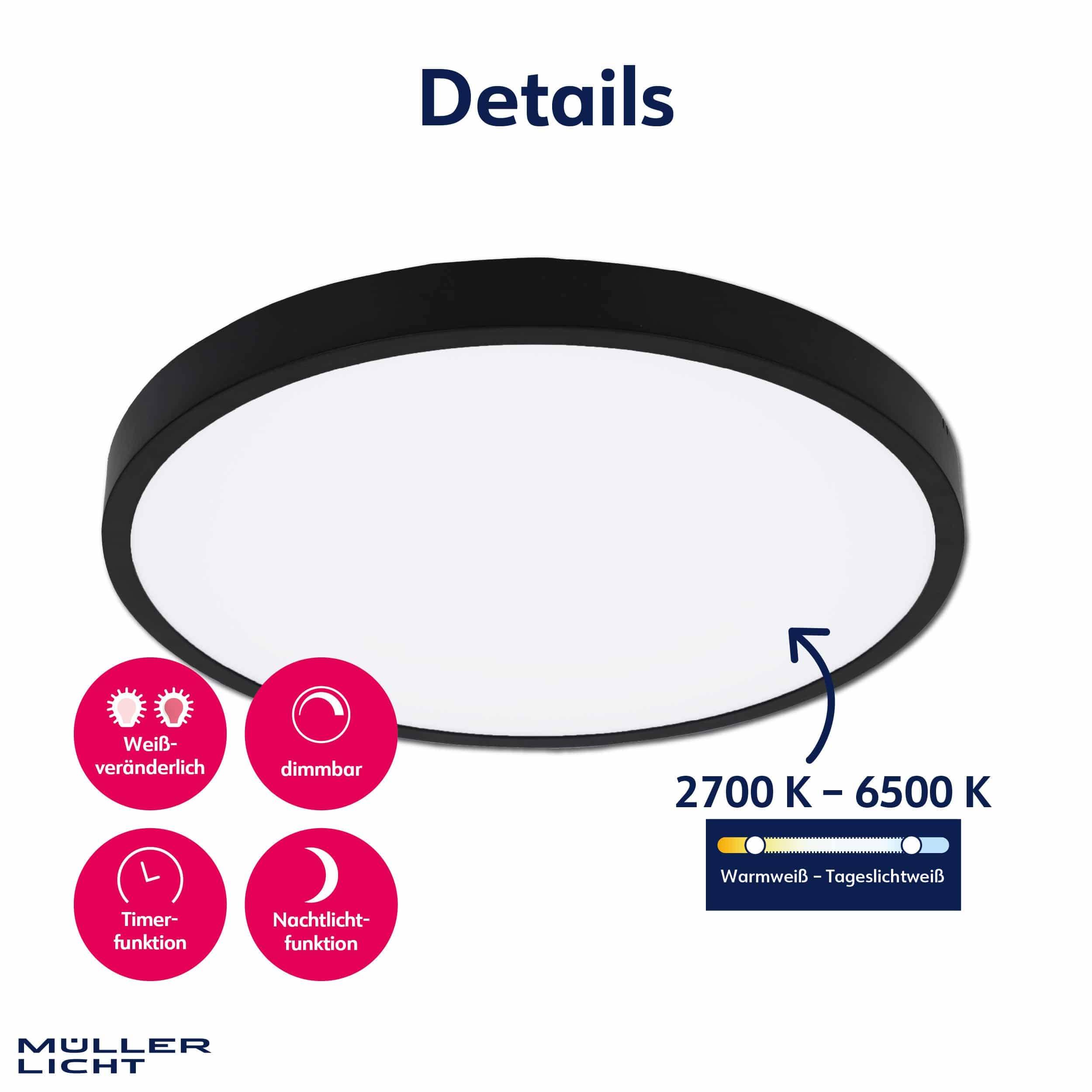 MÜLLER-LICHT LED-Deckenleuchte Rami 36 black, 24W, 2500lm, 2700-6500K, IP20, CCT