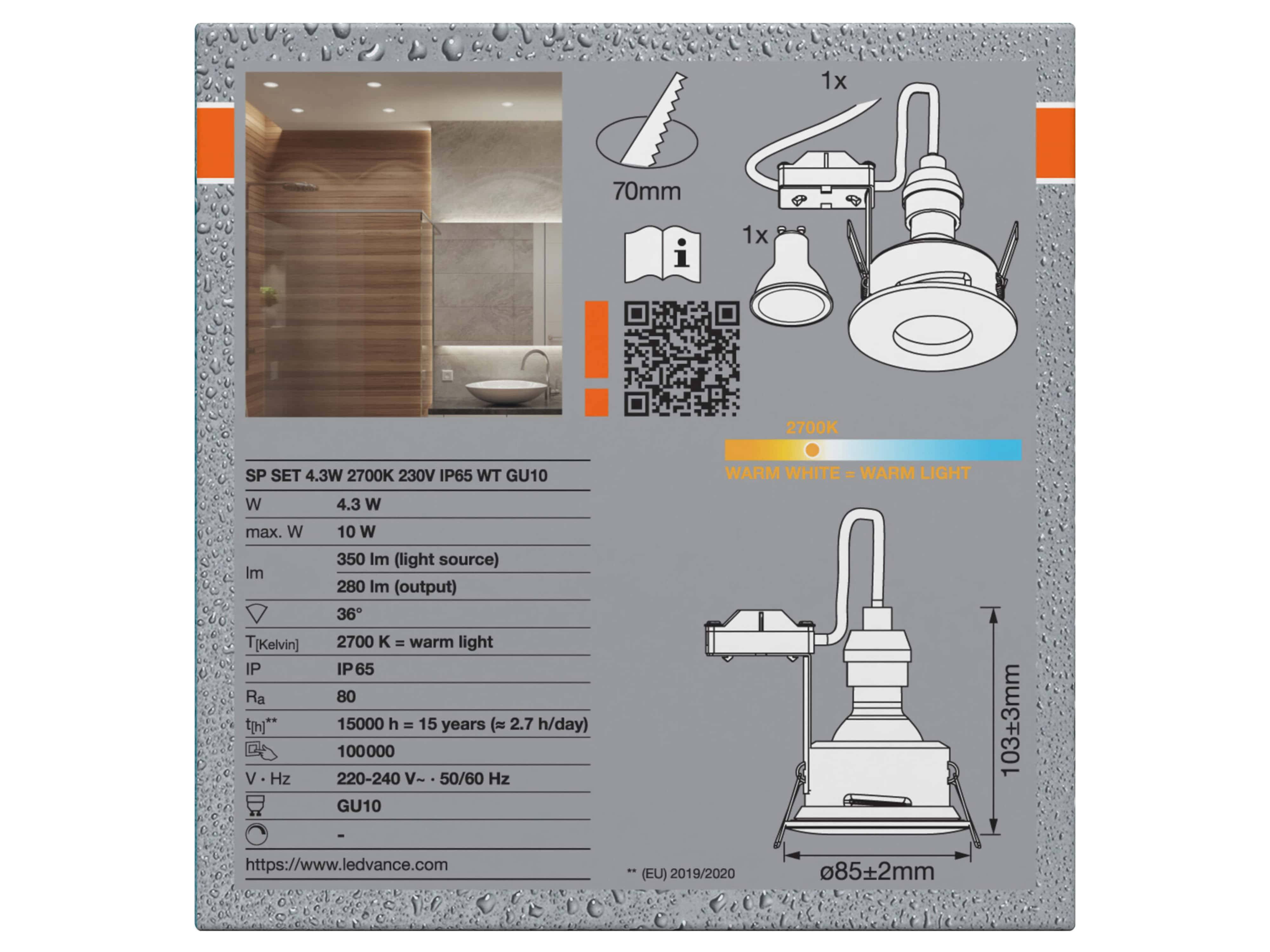 OSRAM Deckeneinbauleuchte mit GU10-Lampe, 4,3W, 280lm, 2700K, IP65, warmweiß