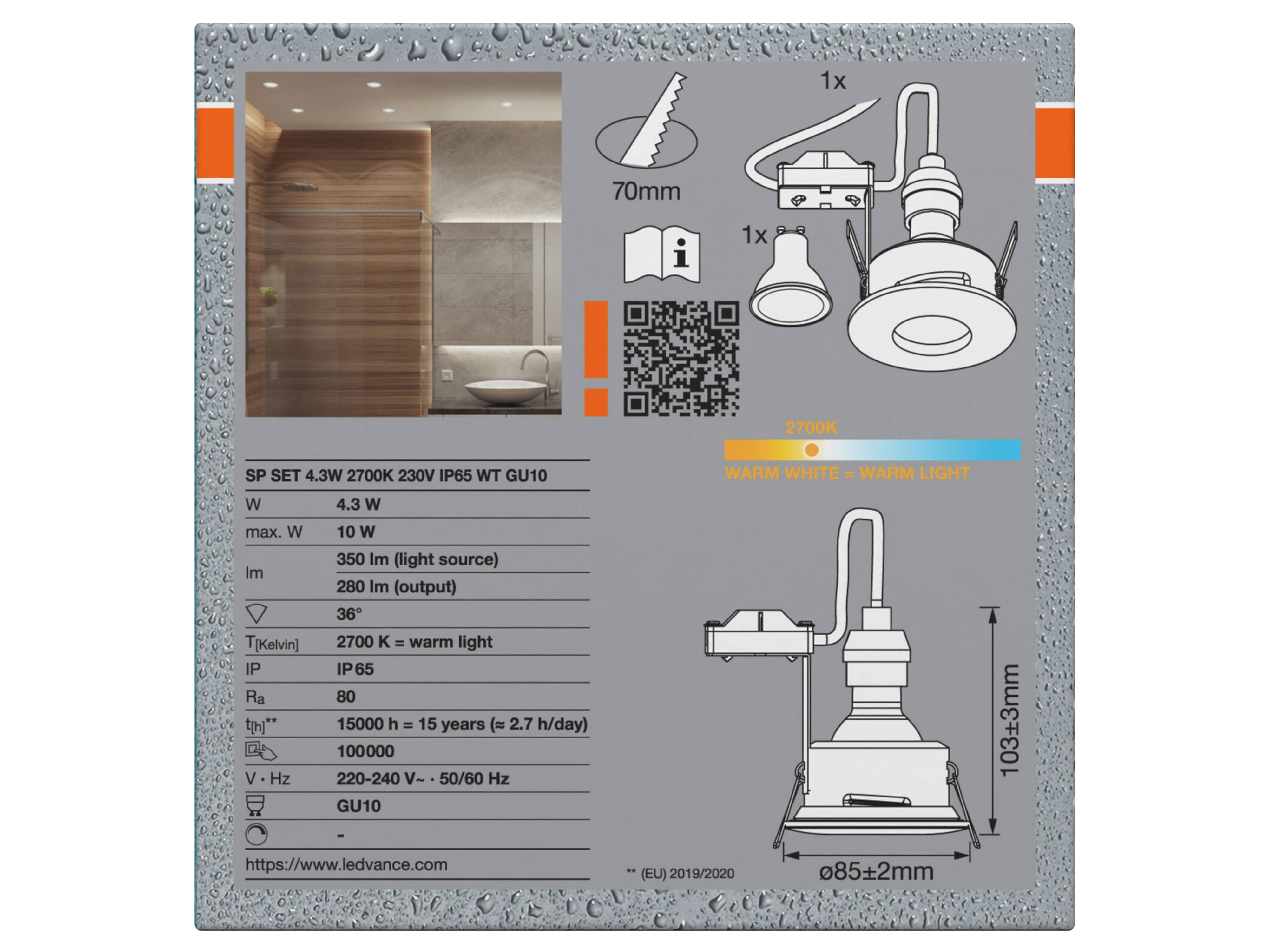 OSRAM Deckeneinbauleuchte mit GU10-Lampe, 4,3W, 280lm, 2700K, IP65, warmweiß