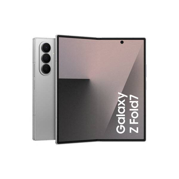 Zusammengeklapptes Samsung Galaxy Z Fold7-Smartphone in Silber, von vorne und hinten gezeigt mit dreifacher Rückfahrtkamera und dem Bildschirm zeigt 