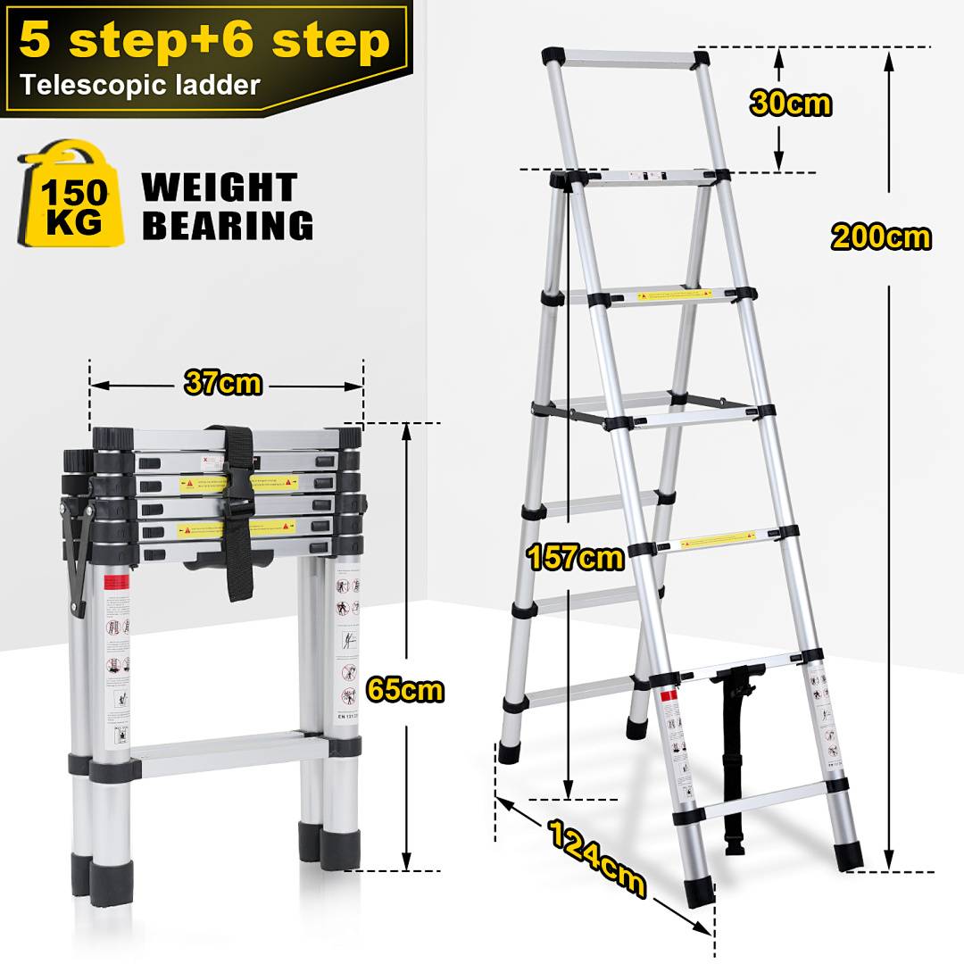 Teleskop-Leiter mit 5+6 Sprossen, zusammengeklappt 65 cm, ausgefahren 200 cm, Tragfähigkeit 150 kg, mit angegebenen Breitenmessungen.