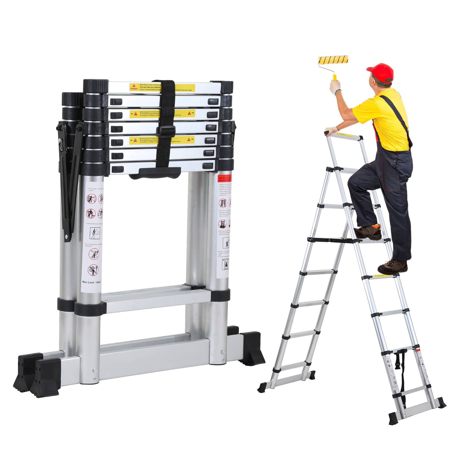 Alu Teleskopleiter 2.0m+2.3m Klappleiter Stehleiter Schiebeleiter Mehrzweckleiter Leiter Anlegeleiter Aluleiter (2.0m+2.3m)